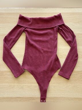 Aerie Ribbed Off-Shoulder Burgundy Bodysuit
